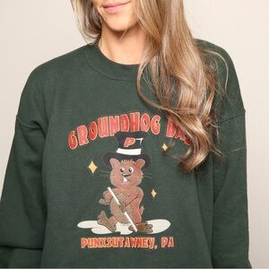 Cozy 90s Gildan Groundhog Day Sweatshirt Dark Hunter Green